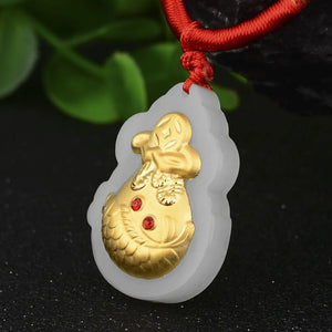 Hetian Jade Lucky Coin Fish Bag Pendant 24K Yellow For Women Men
