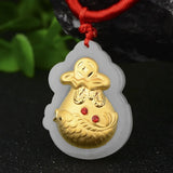 Hetian Jade Lucky Coin Fish Bag Pendant 24K Yellow For Women Men