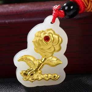 Hetian Jade Lucky Love Rose Flower Pendant 24K Yellow Women