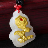 Hetian Jade Lucky Love Rose Flower Pendant 24K Yellow Women