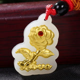 Hetian Jade Lucky Love Rose Flower Pendant 24K Yellow Women