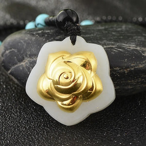 Hetian Jade Rose Flower Pendant 24K Yellow Gold Women