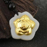 Hetian Jade Rose Flower Pendant 24K Yellow Gold Women