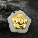 Hetian Jade Rose Flower Pendant 24K Yellow Gold Women