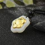 Hetian Jade Rose Flower Pendant 24K Yellow Gold Women