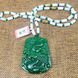 Green Jade Dragon Pendant Necklace with Three Bead Chain
