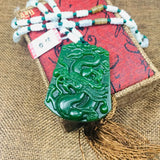 Green Jade Dragon Pendant Necklace with Three Bead Chain