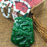 Green Jade Dragon Pendant Necklace with Three Bead Chain