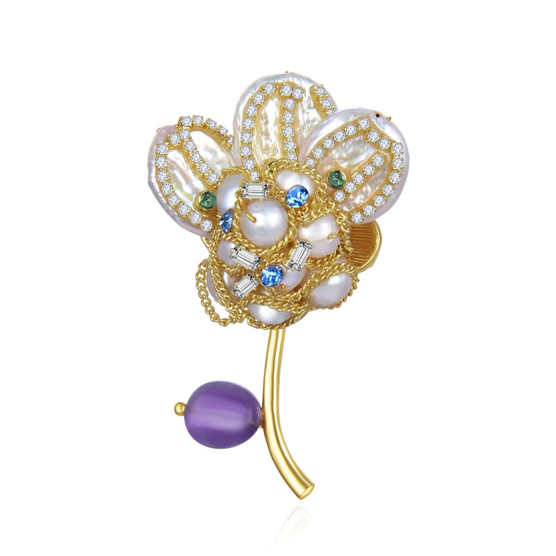 Pearl Crystal Zircon Flower Brooch Baroque Decorative Pin