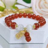 Red Agate Cat's Eye Beaded Strand Bracelet with Peanut Charm