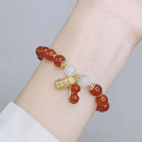 Red Agate Cat's Eye Beaded Strand Bracelet with Peanut Charm