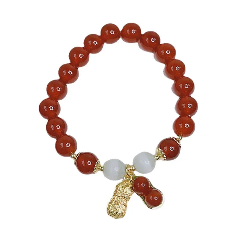 Red Agate Cat's Eye Beaded Strand Bracelet with Peanut Charm