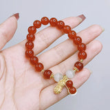 Red Agate Cat's Eye Beaded Strand Bracelet with Peanut Charm