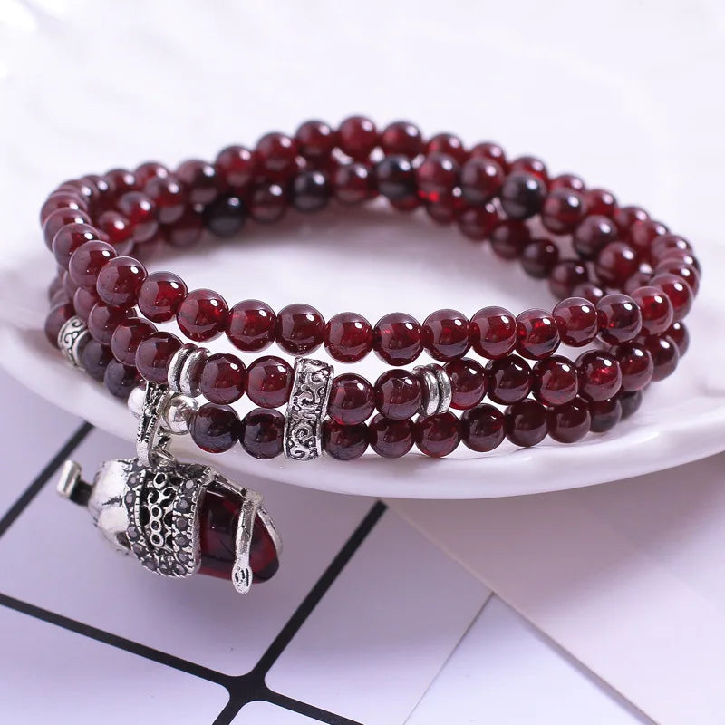 Red Garnet Stone Beaded Bracelet Elephant Accessory Woman Jewelry Gift