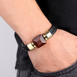 Red Tiger Eye Stone Men's Bracelet Stainless Steel Leather Rope