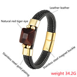 Red Tiger Eye Stone Men's Bracelet Stainless Steel Leather Rope