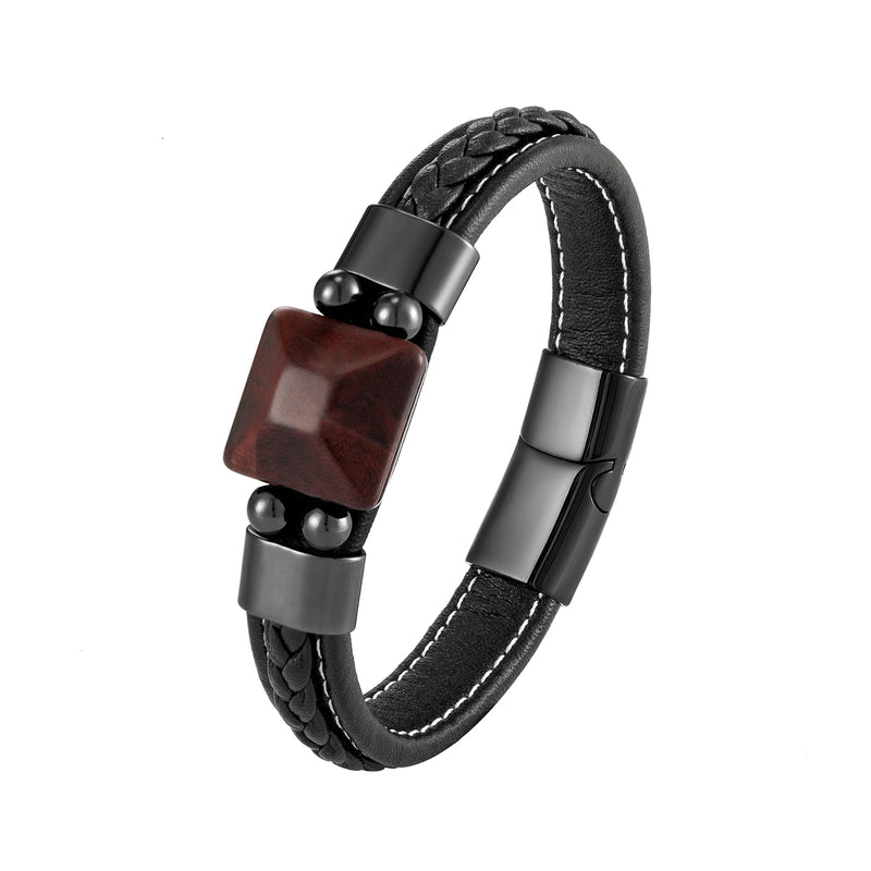 Red Tiger Eye Stone Men's Bracelet Stainless Steel Leather Rope