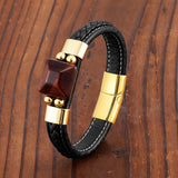 Red Tiger Eye Stone Men's Bracelet Stainless Steel Leather Rope
