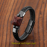 Red Tiger Eye Stone Men's Bracelet Stainless Steel Leather Rope