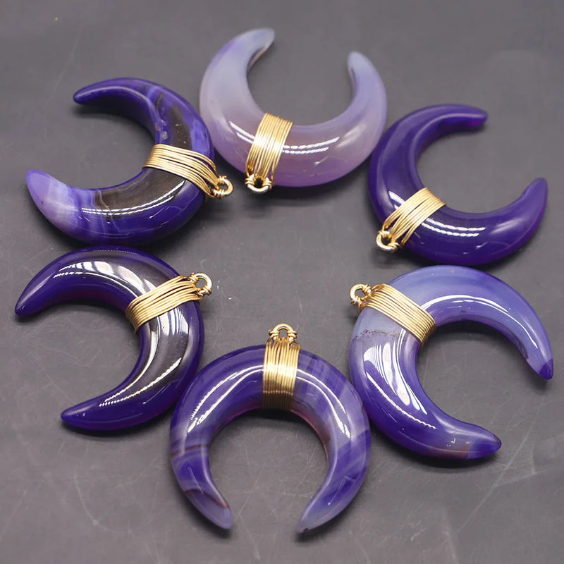 Agate Bull Horn Pendant Moon Necklace Charms Jewelry 4Pcs