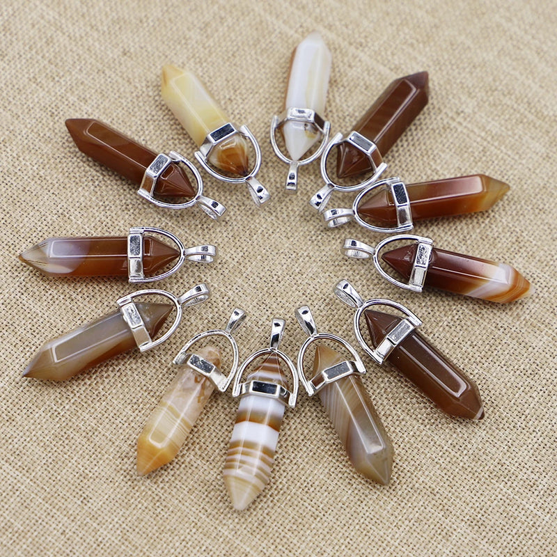 Brown Agate Stone Point Pillar Pendants for DIY Jewelry 24Pcs