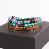 Natural Stone Female CZ Pave Ball Mix Beads Elastic Bracelet Lady Jewelry Gift