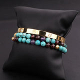 Natural Stone Female CZ Pave Ball Mix Beads Elastic Bracelet Lady Jewelry Gift