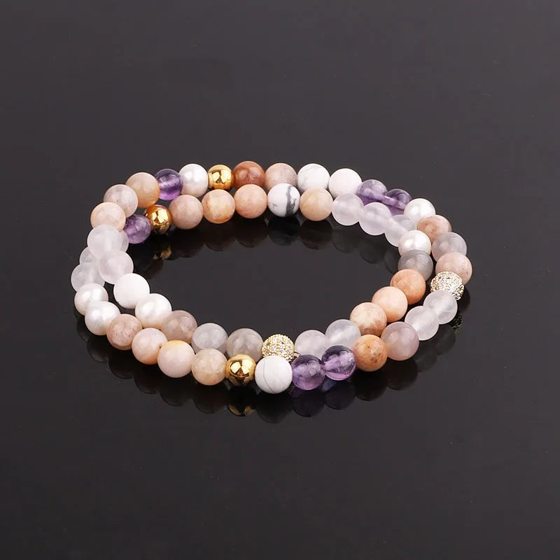 Natural Stone Female CZ Pave Ball Mix Beads Elastic Bracelet Lady Jewelry Gift