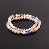 Natural Stone Female CZ Pave Ball Mix Beads Elastic Bracelet Lady Jewelry Gift
