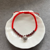 Natural Stone Garnet Bracelet Red Thread 925 Sterling Silver Bell Charm Bracelet