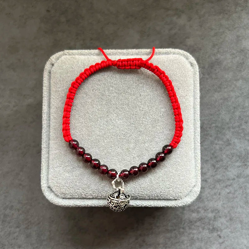 Natural Stone Garnet Bracelet Red Thread 925 Sterling Silver Bell Charm Bracelet