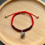 Natural Stone Garnet Bracelet Red Thread 925 Sterling Silver Bell Charm Bracelet