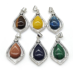 Malachite Tiger Eye Stone Water Drop Rhinestone Pendant Necklace