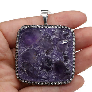 Square Druzy Amethysts Pendants Purple Crystal Charms for Necklace Making