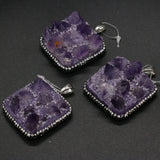 Square Druzy Amethysts Pendants Purple Crystal Charms for Necklace Making
