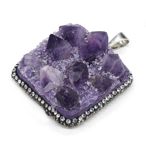 Square Druzy Amethysts Pendants Purple Crystal Charms for Necklace Making