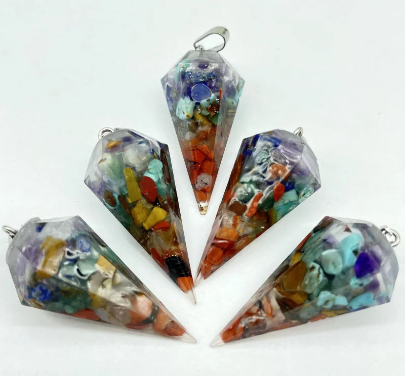 7 Chakra Resin Hexagon Pointed Cone Pendant for DIY Jewelry Making