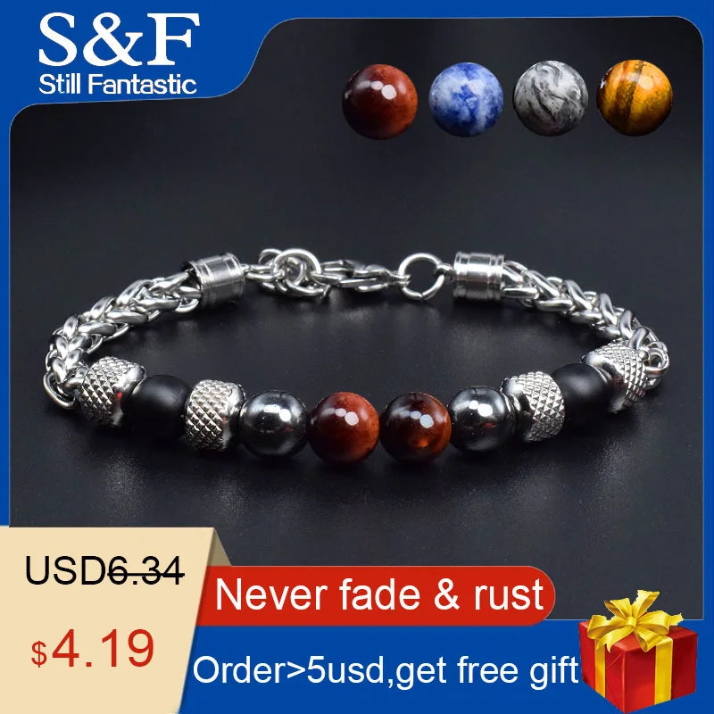 Natural Stone Beads Men Bracelet Stainless Steel Chain Mens Jewelry