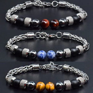 Natural Stone Beads Men Bracelet Stainless Steel Chain Mens Jewelry
