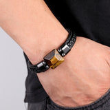 Tiger Eye Stone Men's Bracelet Punk Style 316L Stainless Steel Leather Rope