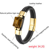 Tiger Eye Stone Men's Bracelet Punk Style 316L Stainless Steel Leather Rope