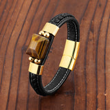 Tiger Eye Stone Men's Bracelet Punk Style 316L Stainless Steel Leather Rope