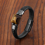 Tiger Eye Stone Men's Bracelet Punk Style 316L Stainless Steel Leather Rope