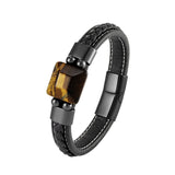 Tiger Eye Stone Men's Bracelet Punk Style 316L Stainless Steel Leather Rope