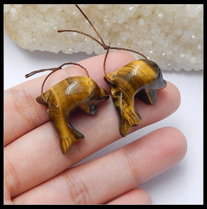 Handcarved Dolphin Tiger's Eye Women Earring Bead 24x19x12mm