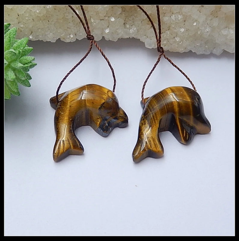 Handcarved Dolphin Tiger's Eye Women Earring Bead 24x19x12mm