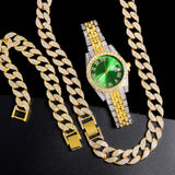 Hip Hop Rapper Men Cuban Chain Iced Necklace Set