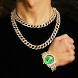 Hip Hop Rapper Men Cuban Chain Iced Necklace Set