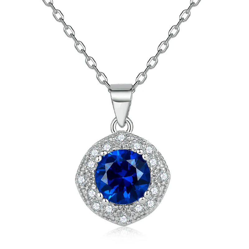 S925 Silver Necklace Women Round Sapphire Zircon Pendant