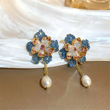Needle Pearl Zircon Crystal Flower Earrings Sweet Party Accessories
